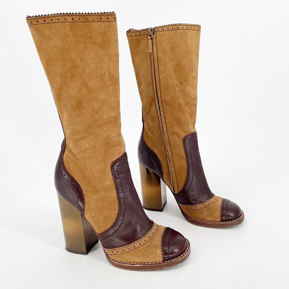 Dolce & Gabbana y2k Camel Suede Brown Leather Chunky Block Heel Boot IT 38 - Picture 1 of 15
